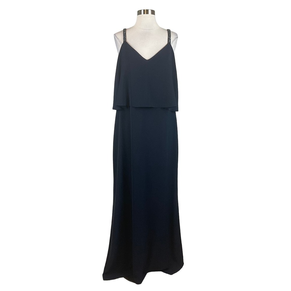 Ralph Lauren Navy Blue Layered Slip Gown with Embellished Straps